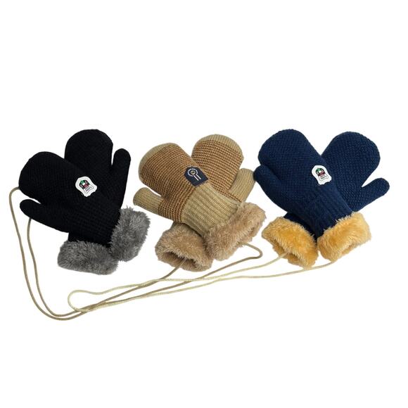 FS Jeans Toddler 1-2 YO Sherpa Lined Knit Mittens Blue Black Tan Winter Gloves - Picture 1 of 8